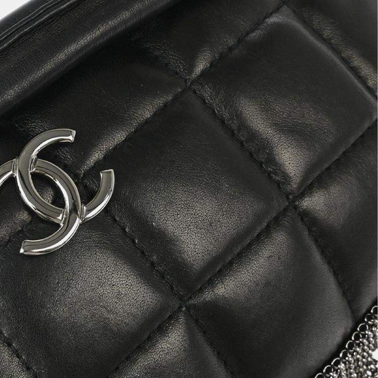 Pre Owned Chanel Choco Bar Fringe Black Lambskin Shoulder Bag