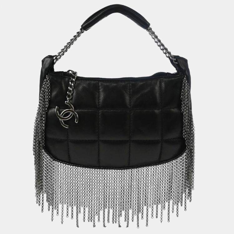 Pre Owned Chanel Choco Bar Fringe Black Lambskin Shoulder Bag
