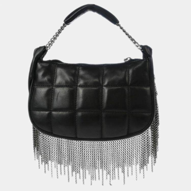 Pre Owned Chanel Choco Bar Fringe Black Lambskin Shoulder Bag