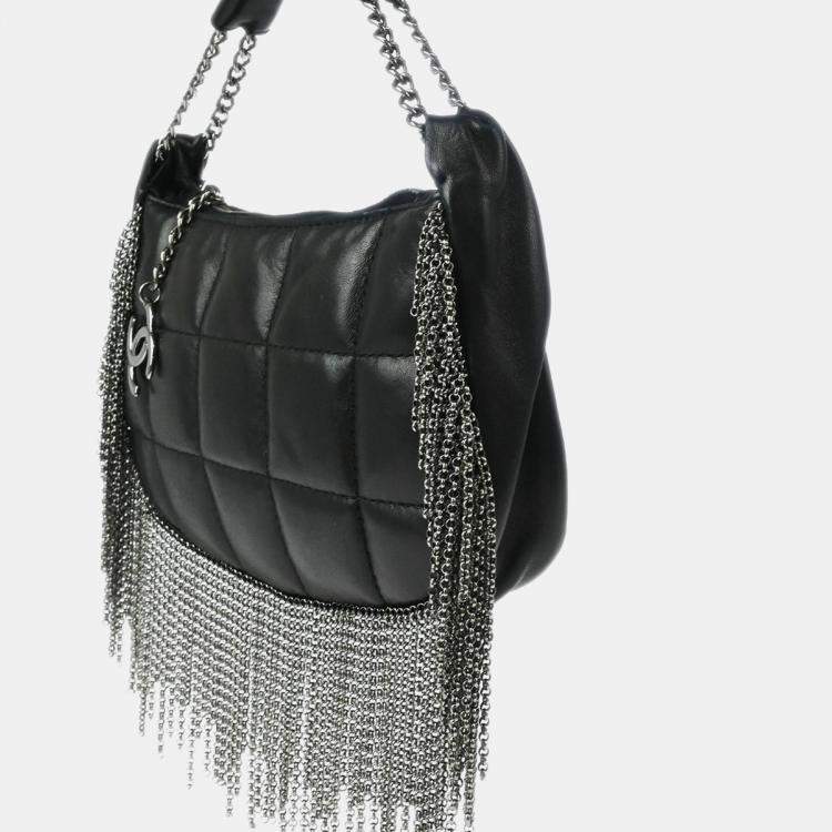 Pre Owned Chanel Choco Bar Fringe Black Lambskin Shoulder Bag