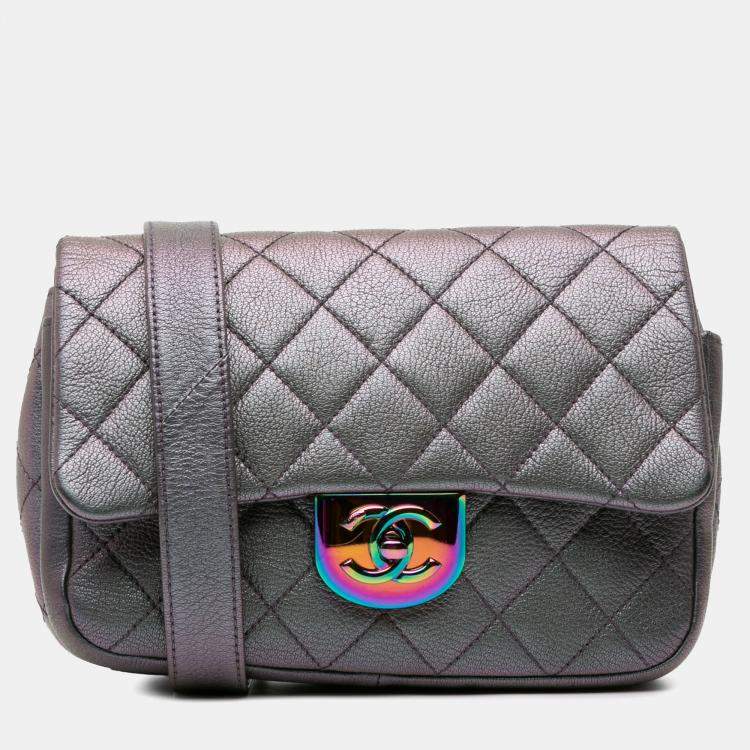 Pre Owned Chanel Purple Small Iridescent Goatskin Double Carry Waist Chain Flap