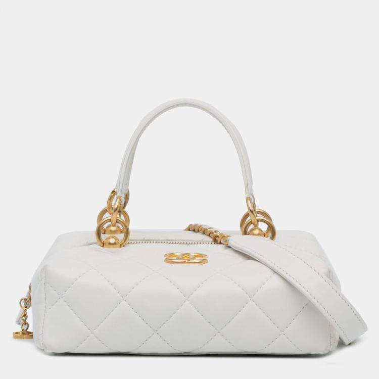 Pre Owned Chanel White Métiers d'Art CC Quilted Lambskin Box with Top Handle Bag