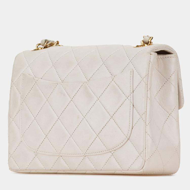 Pre Owned Chanel White Mini Square Classic Lambskin Single Flap