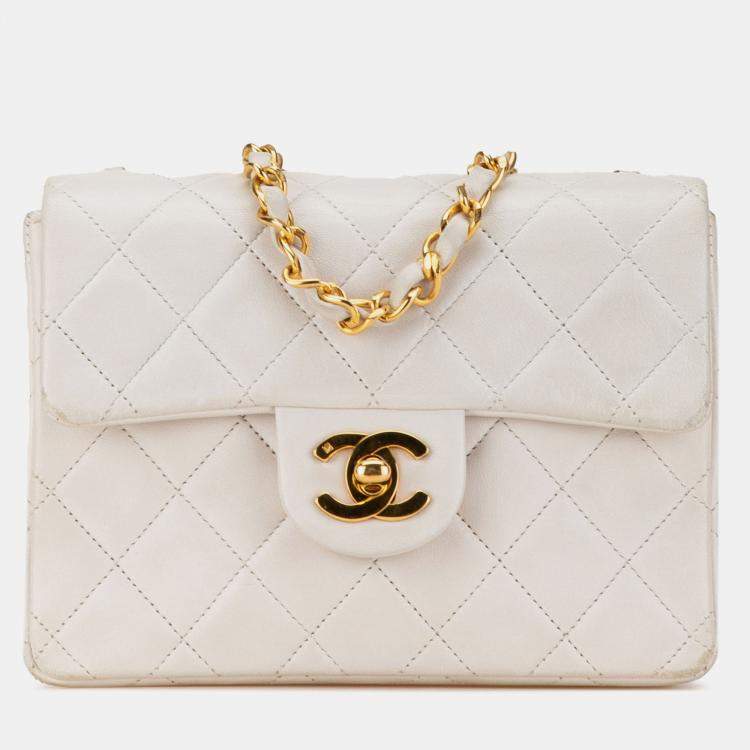 Pre Owned Chanel White Mini Square Classic Lambskin Single Flap