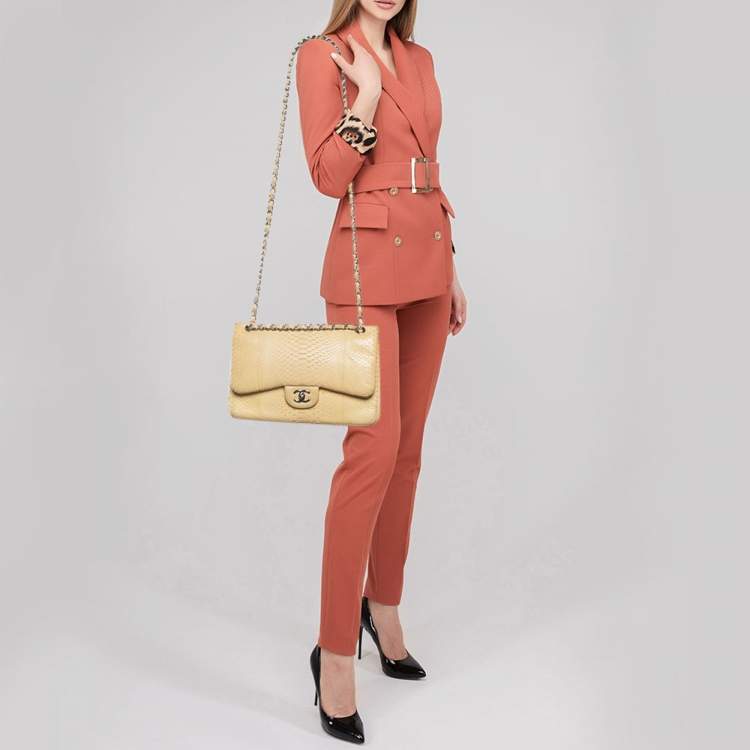 Pre Owned Chanel Light Yellow Python Jumbo Classic Double Flap Bag