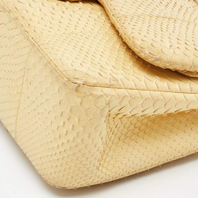 Pre Owned Chanel Light Yellow Python Jumbo Classic Double Flap Bag