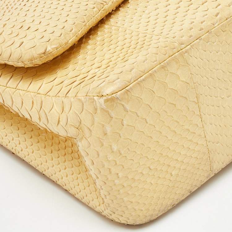 Pre Owned Chanel Light Yellow Python Jumbo Classic Double Flap Bag