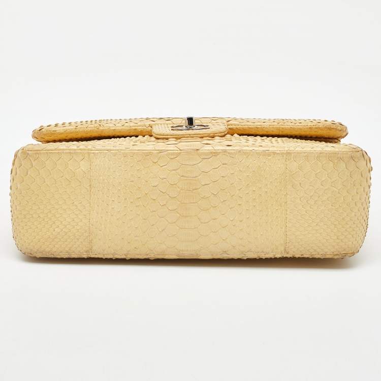 Pre Owned Chanel Light Yellow Python Jumbo Classic Double Flap Bag