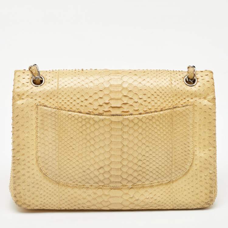 Pre Owned Chanel Light Yellow Python Jumbo Classic Double Flap Bag