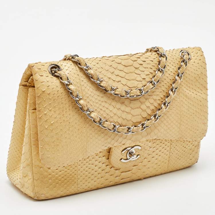 Pre Owned Chanel Light Yellow Python Jumbo Classic Double Flap Bag
