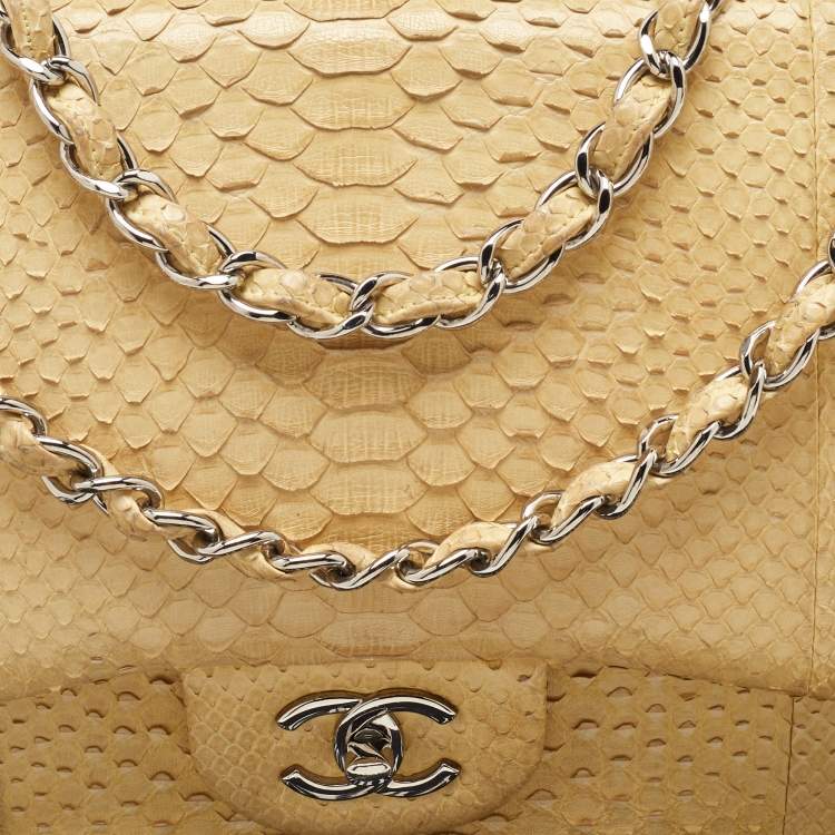 Pre Owned Chanel Light Yellow Python Jumbo Classic Double Flap Bag