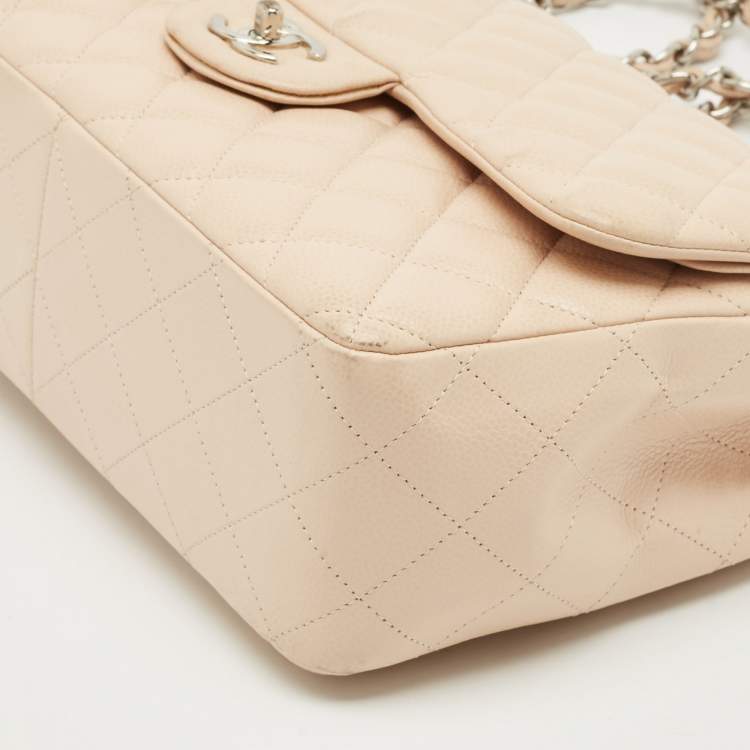 Pre Owned Chanel Light Beige Quilted Caviar Leather Jumbo Classic Double Flap Bag