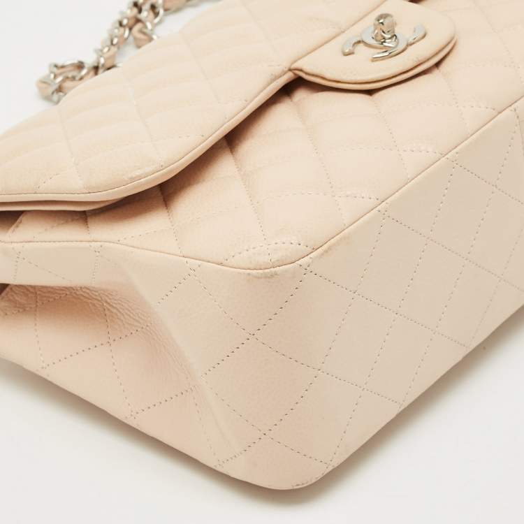 Pre Owned Chanel Light Beige Quilted Caviar Leather Jumbo Classic Double Flap Bag