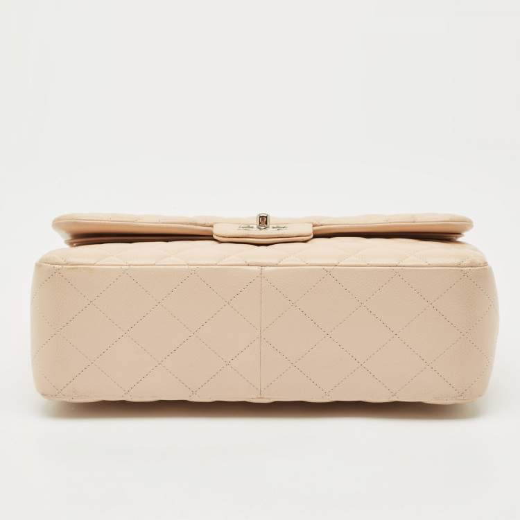 Pre Owned Chanel Light Beige Quilted Caviar Leather Jumbo Classic Double Flap Bag