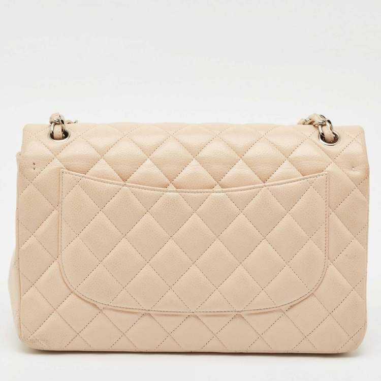 Pre Owned Chanel Light Beige Quilted Caviar Leather Jumbo Classic Double Flap Bag