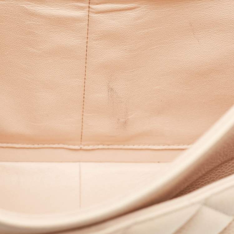 Pre Owned Chanel Light Beige Quilted Caviar Leather Jumbo Classic Double Flap Bag