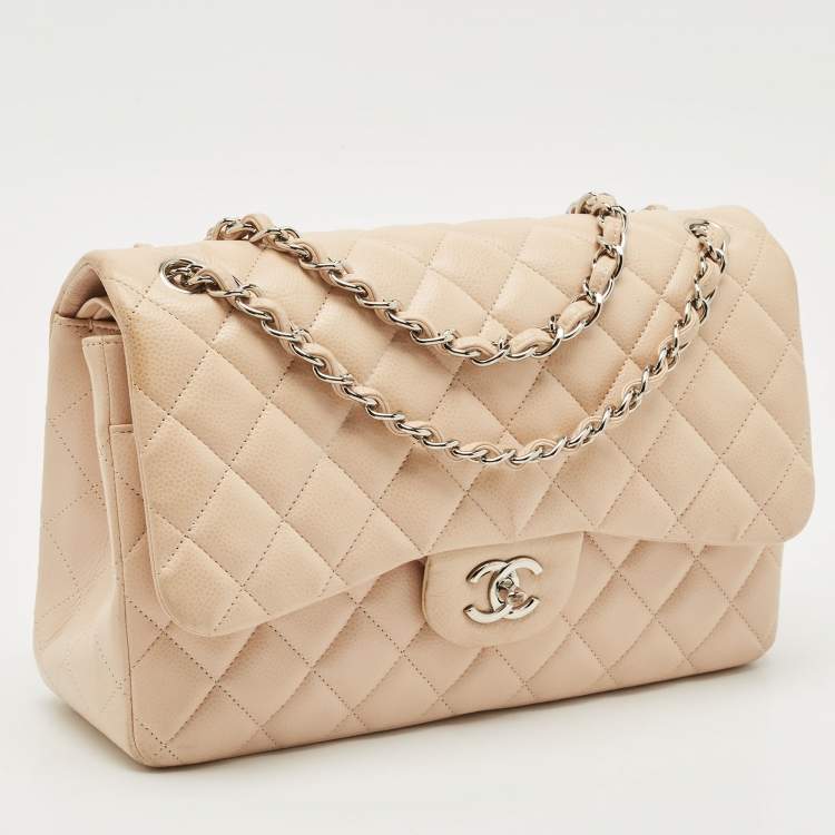 Pre Owned Chanel Light Beige Quilted Caviar Leather Jumbo Classic Double Flap Bag