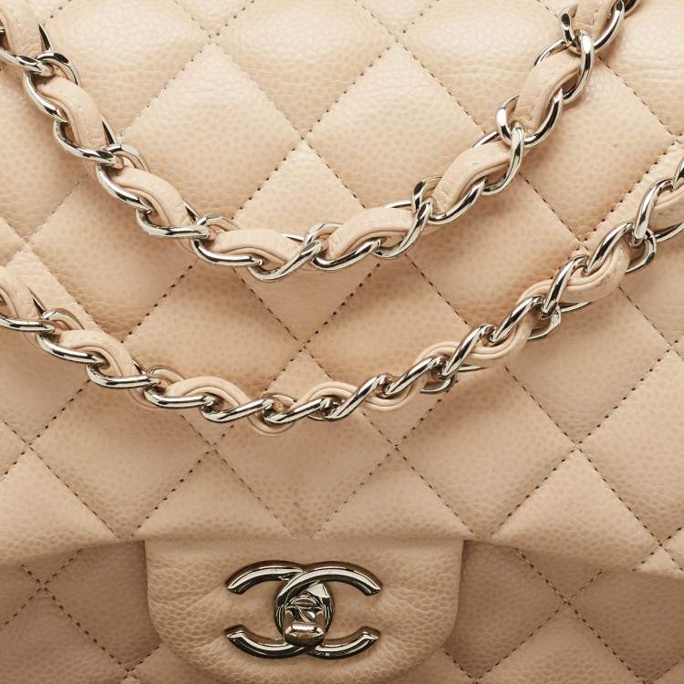 Pre Owned Chanel Light Beige Quilted Caviar Leather Jumbo Classic Double Flap Bag