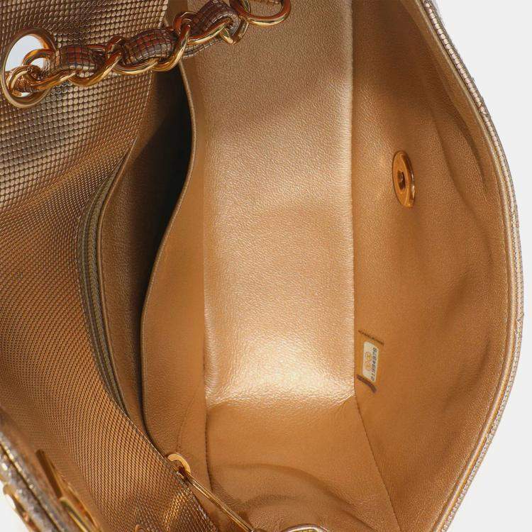 Pre Owned Chanel Gold Metallic Lambskin Perforated Mini Rectangular Flap Bag