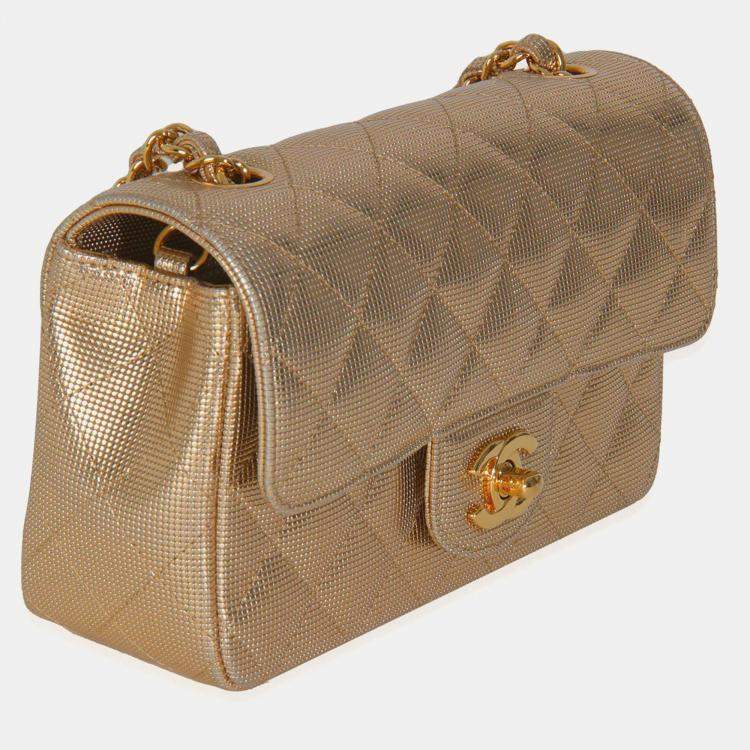 Pre Owned Chanel Gold Metallic Lambskin Perforated Mini Rectangular Flap Bag