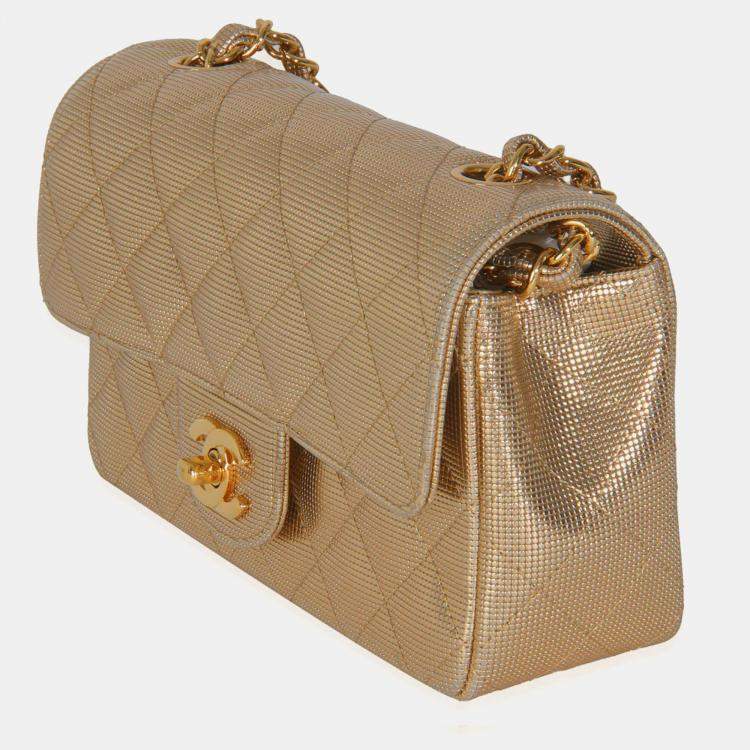 Pre Owned Chanel Gold Metallic Lambskin Perforated Mini Rectangular Flap Bag