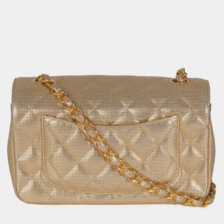 Pre Owned Chanel Gold Metallic Lambskin Perforated Mini Rectangular Flap Bag