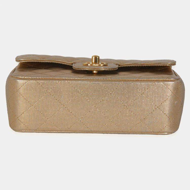 Pre Owned Chanel Gold Metallic Lambskin Perforated Mini Rectangular Flap Bag