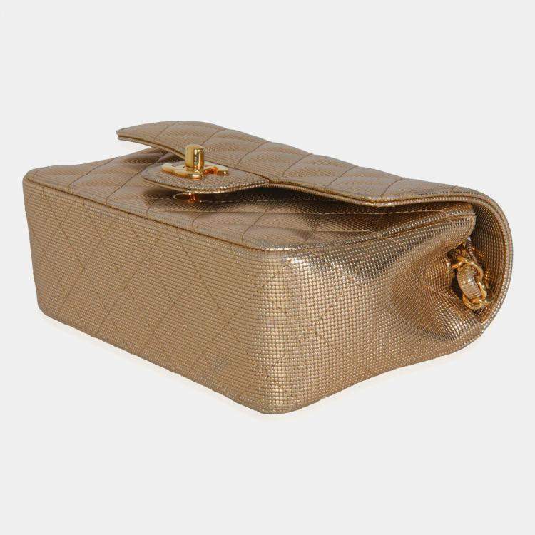 Pre Owned Chanel Gold Metallic Lambskin Perforated Mini Rectangular Flap Bag