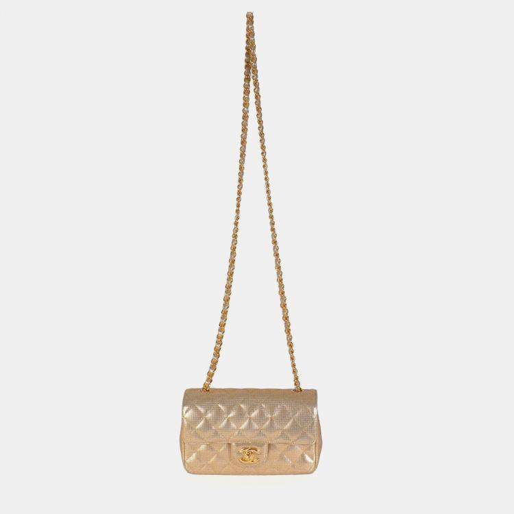 Pre Owned Chanel Gold Metallic Lambskin Perforated Mini Rectangular Flap Bag