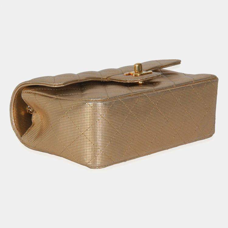 Pre Owned Chanel Gold Metallic Lambskin Perforated Mini Rectangular Flap Bag