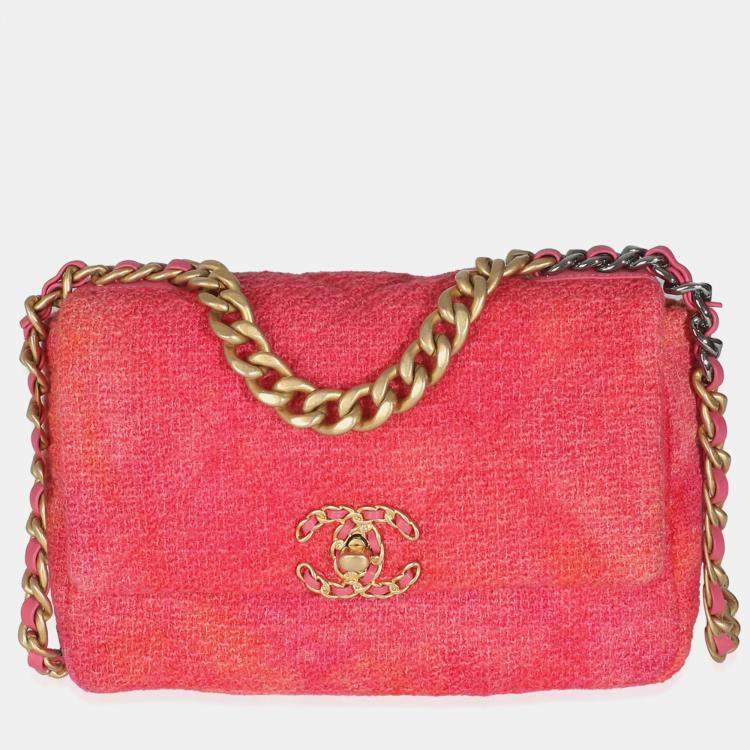 Pre Owned Chanel Coral Pink Tweed Quilted Medium Chanel 19 Flap Bag
