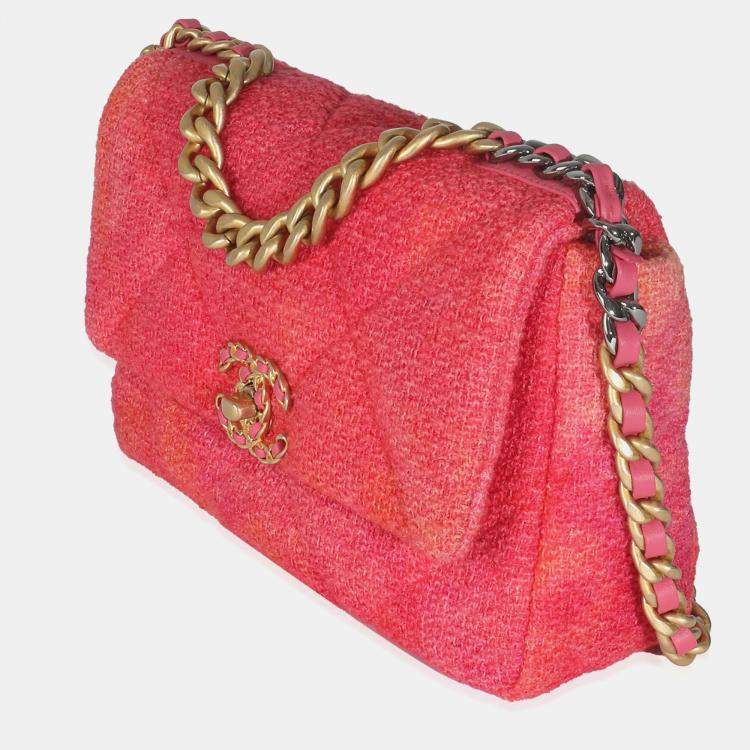 Pre Owned Chanel Coral Pink Tweed Quilted Medium Chanel 19 Flap Bag