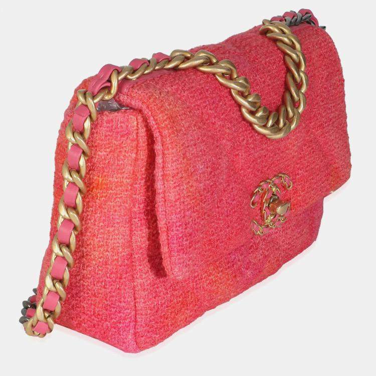 Pre Owned Chanel Coral Pink Tweed Quilted Medium Chanel 19 Flap Bag