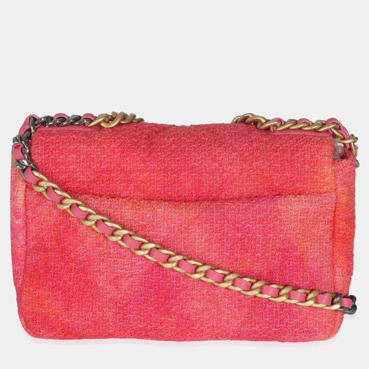 Pre Owned Chanel Coral Pink Tweed Quilted Medium Chanel 19 Flap Bag