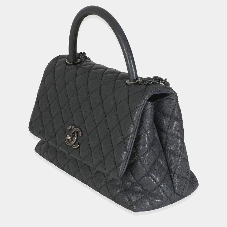 Pre Owned Chanel Grey Quilted Caviar Coco Top Handle Handbag