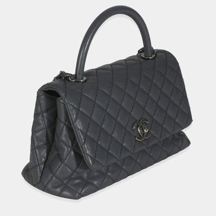 Pre Owned Chanel Grey Quilted Caviar Coco Top Handle Handbag