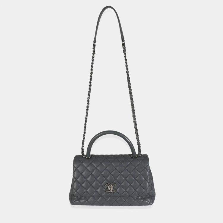 Pre Owned Chanel Grey Quilted Caviar Coco Top Handle Handbag