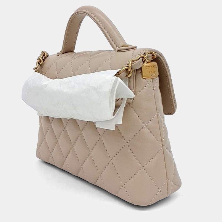 Pre Owned Chanel Beige Leather Small Top Handle Flap Bag