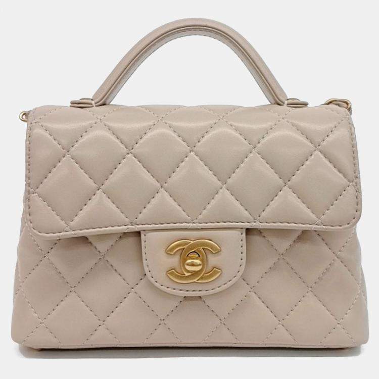 Pre Owned Chanel Beige Leather Small Top Handle Flap Bag