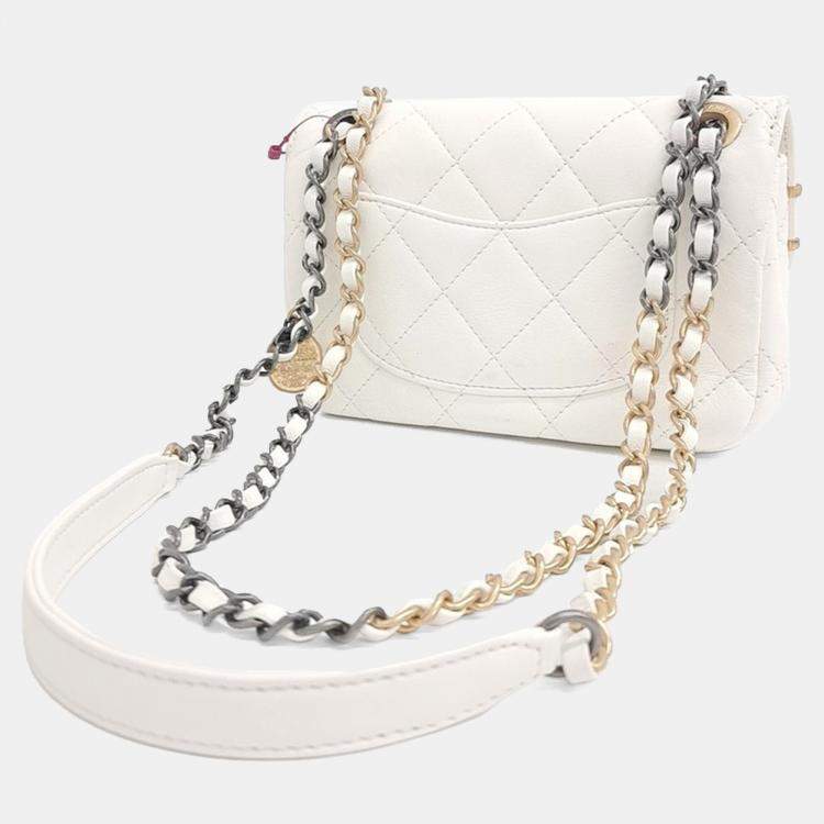 Pre Owned Chanel White Lambskin Leather Mini Charm Shoulder Bag