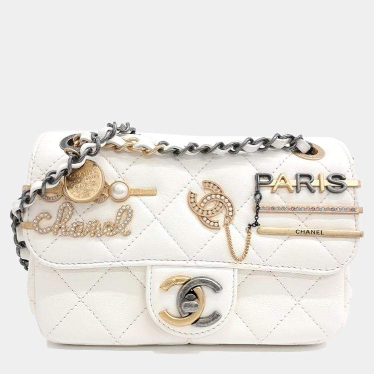 Pre Owned Chanel White Lambskin Leather Mini Charm Shoulder Bag
