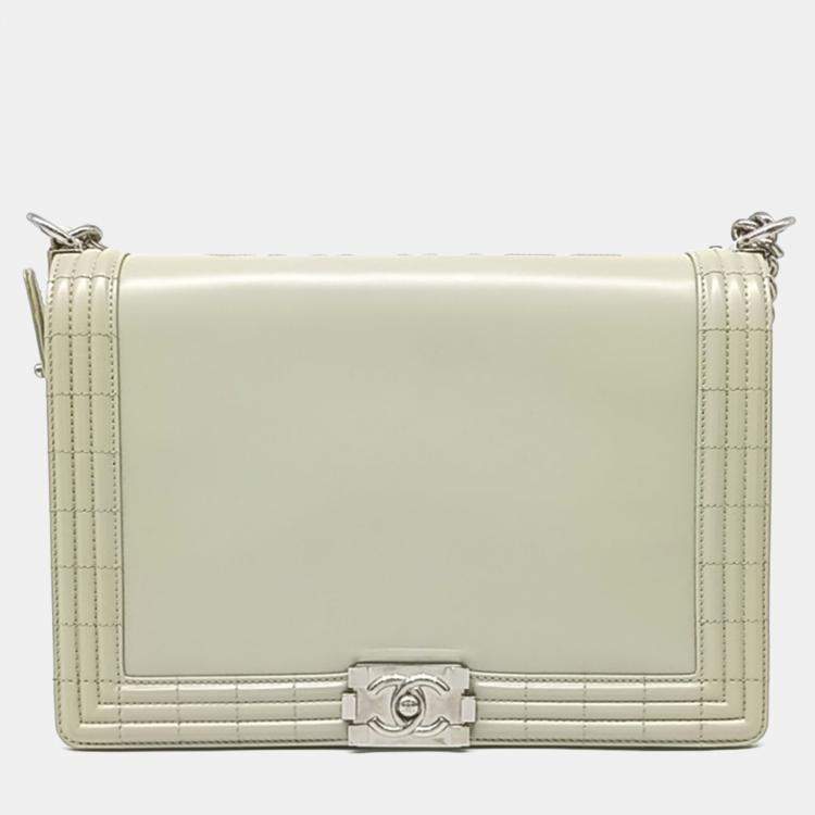 Pre Owned Chanel Green Leather Boy Bag Large