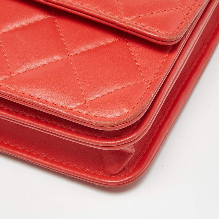 Pre Owned Chanel Orange Quilted Leather Classic Wallet On Chain
