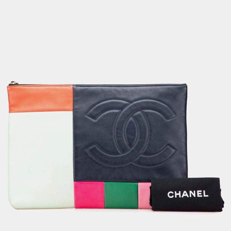 Pre Owned Chanel Blue Large Lambskin Colorblock Patchwork O Case