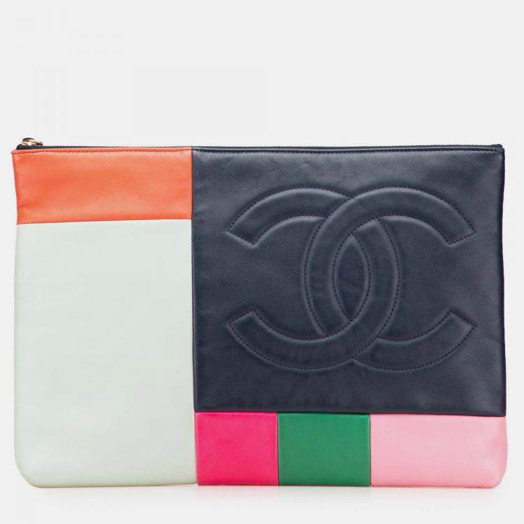 Pre Owned Chanel Blue Large Lambskin Colorblock Patchwork O Case