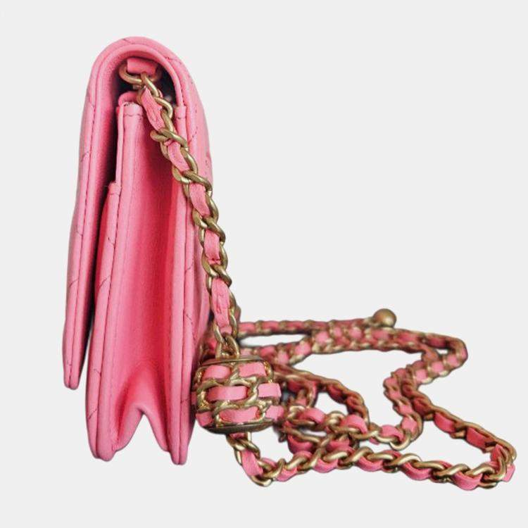 Pre Owned Chanel Pink Lambskin Quilted CC Pearl Crush Wallet On Chain
