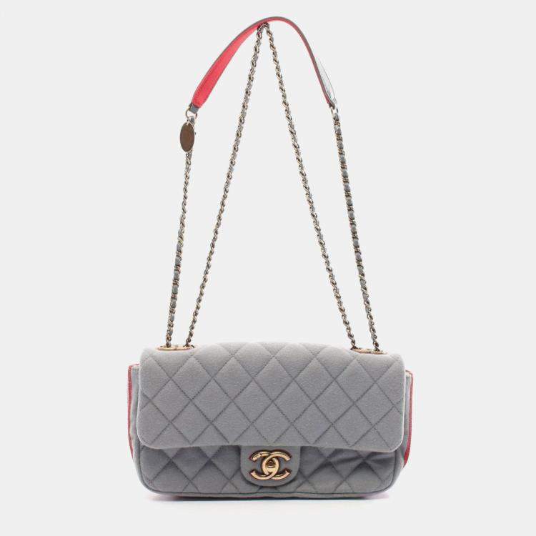 Pre Owned Chanel Red Grey Felt Leather Canvas Shoulder Bag