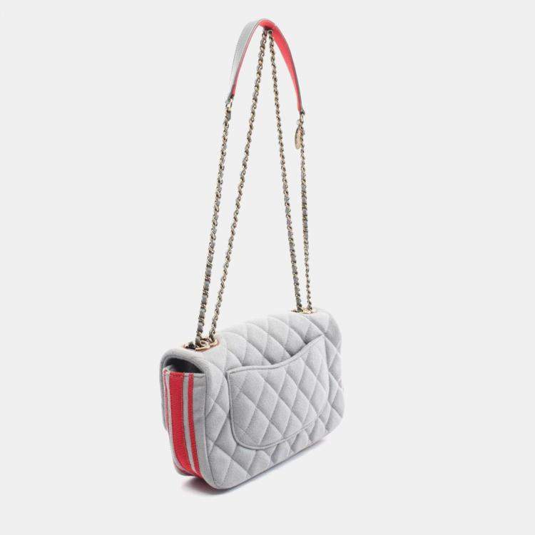 Pre Owned Chanel Red Grey Felt Leather Canvas Shoulder Bag