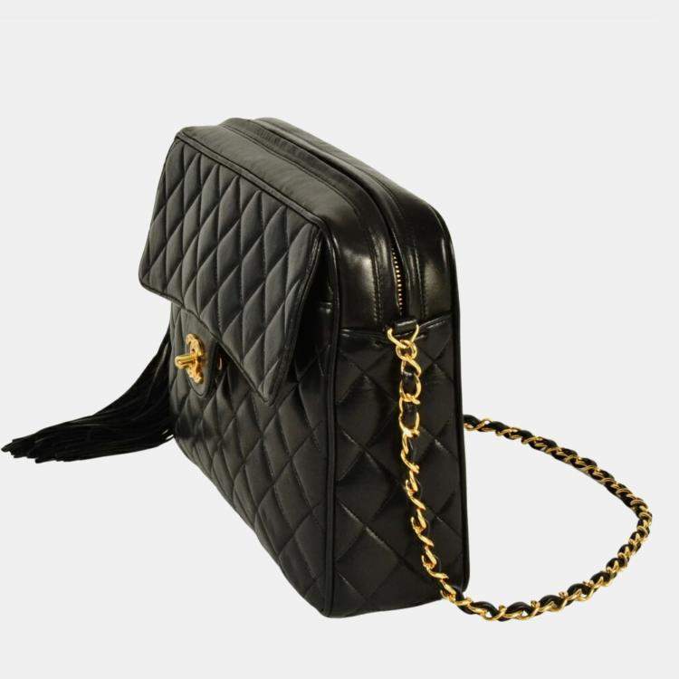 Pre Owned Chanel Black Lambskin Tassel Shoulder Bag