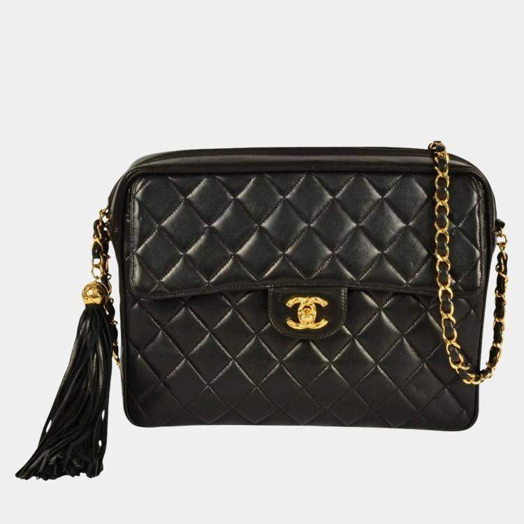 Pre Owned Chanel Black Lambskin Tassel Shoulder Bag